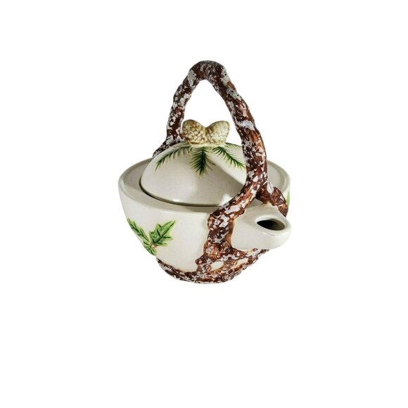 Vintage Ceramic Teapot With Winter Holly Woods Pinecone Design & Textured Brown - Picture 10 of 12